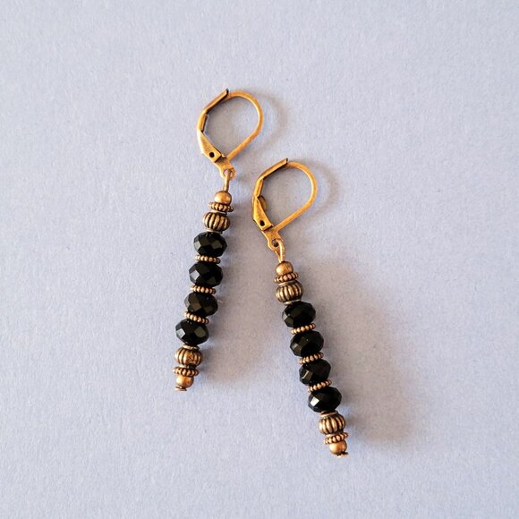 Black CRYSTAL Rondelle EARRINGS Copper Brass Lever Back Earwires Art Deco - Picture 2 of 9